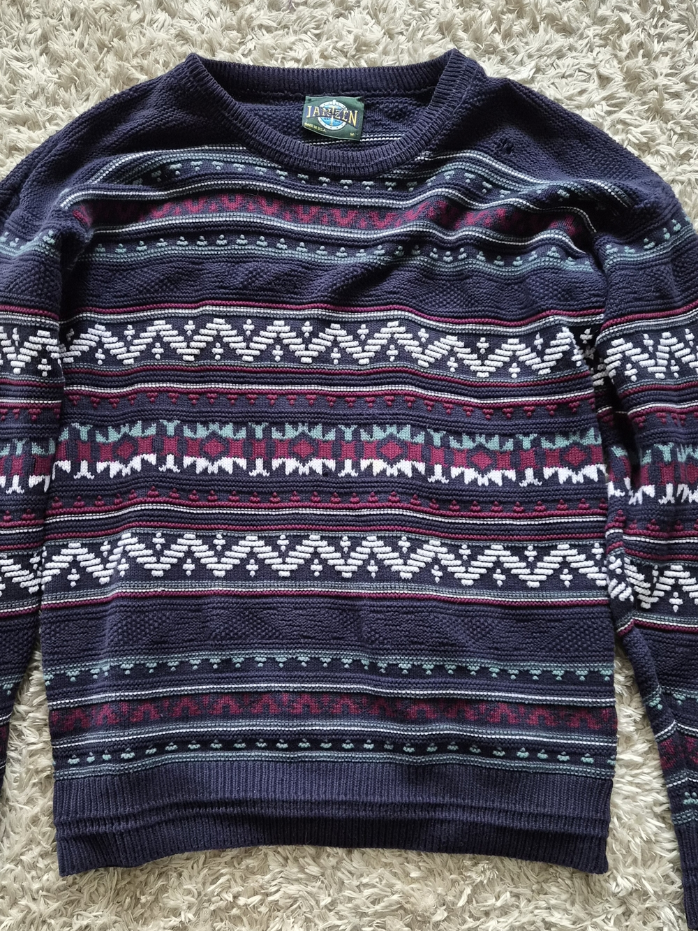 Jantzen Navy Crewneck Sweater with Multicolor Fair Isle Stripes